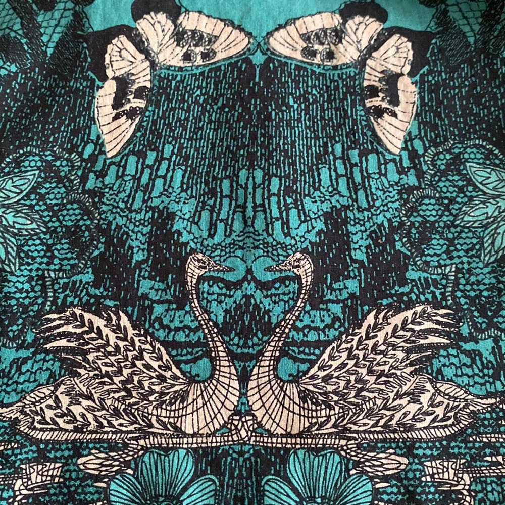 Anthropologie Maeve Silk blend Butterfly Swan Green print Lace top Swing Dress - Picture 12 of 16